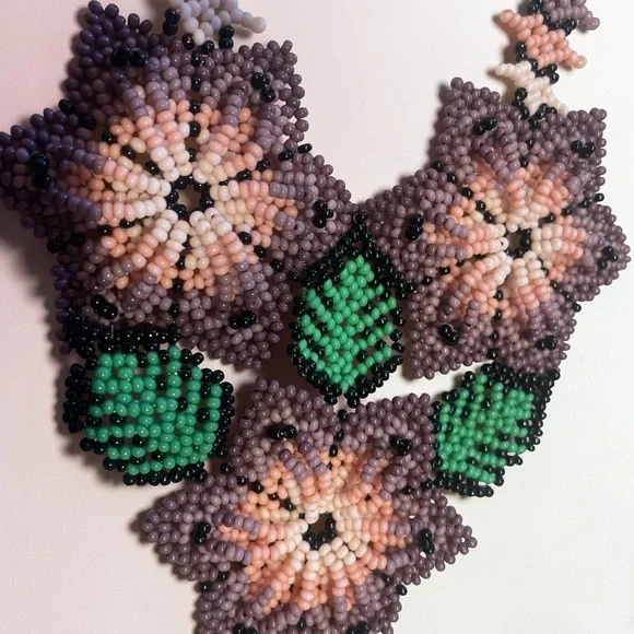 Handmade Beaded Floral Statement Necklace Mauve Pink Green Artisan Jewelry - Picture 6 of 7